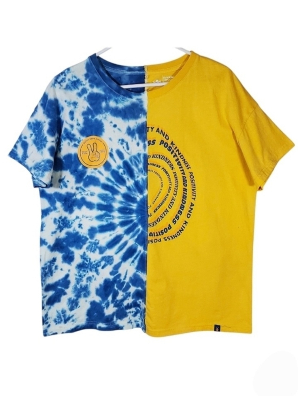 2379 * Dutch Bros Positivity & Kindness Tie Dyed Split Tee Yellow Blue Size L